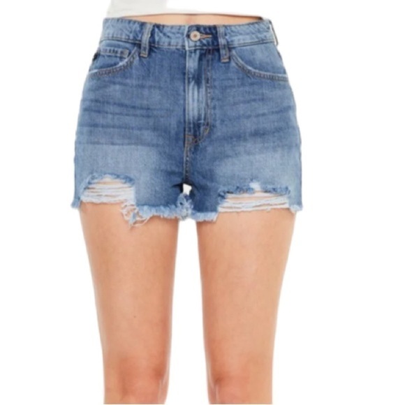 KanCan Distressed Raw Hem High Waist Denim Shorts - Picture 1 of 5